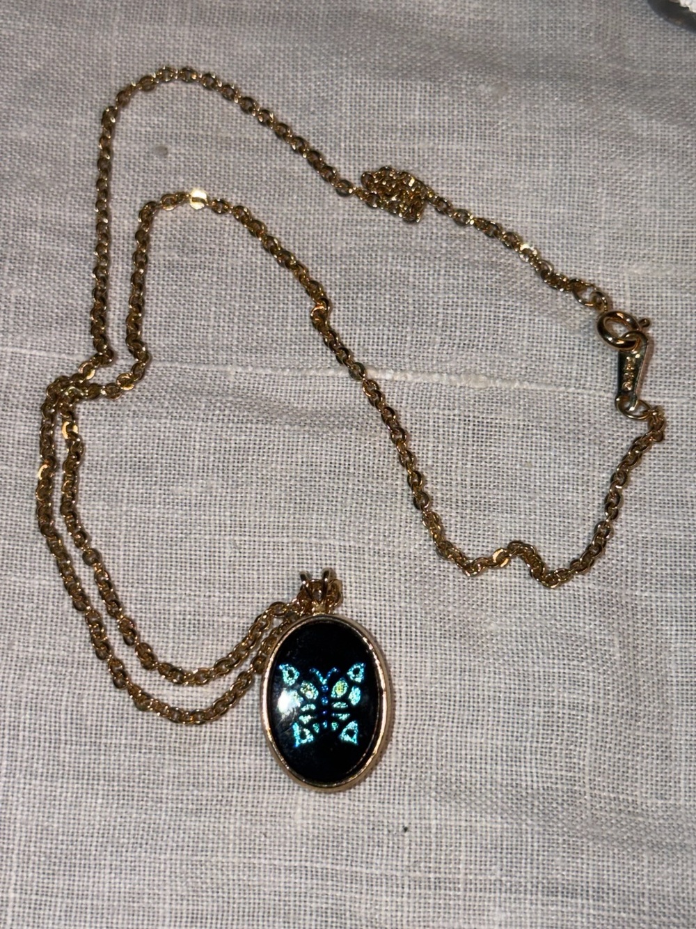 Avon Gold-Tone Vintage Necklace with Blue Iridescent Butterfly Pendant